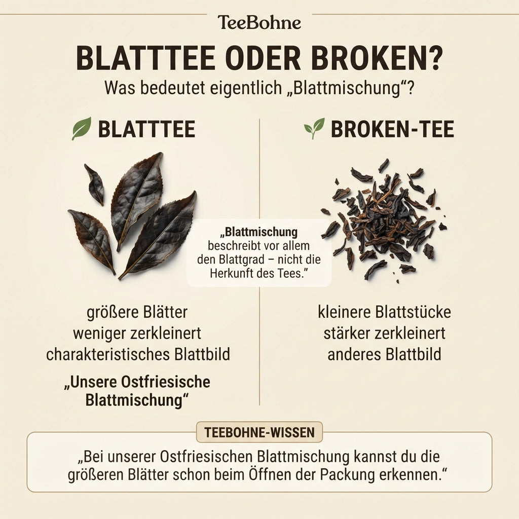 Wissensinfografik von TeeBohne zum Thema Blatttee oder Broken: Die Grafik teilt sich vertikal in zwei Bereiche und vergleicht größere Blattstücke (Blatttee) mit kleineren, stärker zerkleinerten Teestücken (Broken-Tee). In der Mitte wird erklärt, dass der Begriff den Blattgrad beschreibt, ergänzt durch das TeeBohne-Wissen zur Ostfriesischen Blattmischung.