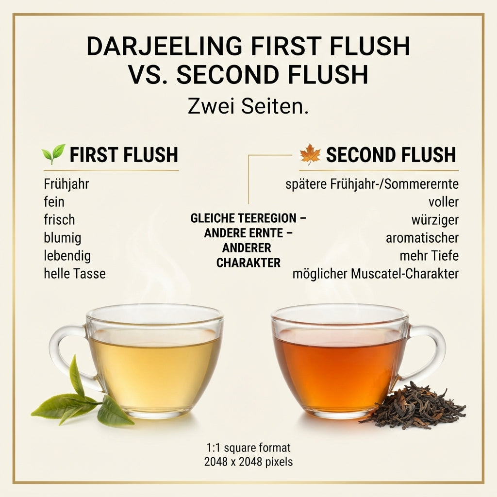 Vergleichsinfografik von TeeBohne: "DARJEELING FIRST FLUSH VS. SECOND FLUSH – Zwei Seiten". Die Grafik gegenüberstellt die Eigenschaften der beiden Erntezeitpunkte. Während der First Flush mit Frühlingsfrische, blumigen Noten und einer hellen Tasse beschrieben wird, steht der Second Flush für eine spätere Ernte mit vollerer, würzigerer Aromatik und mehr Tiefe. Eine visuelle Gegenüberstellung von zwei Tassen mit unterschiedlich farbigen Aufgüssen unterstreicht den Unterschied. Das Design ist in hochwertigem 