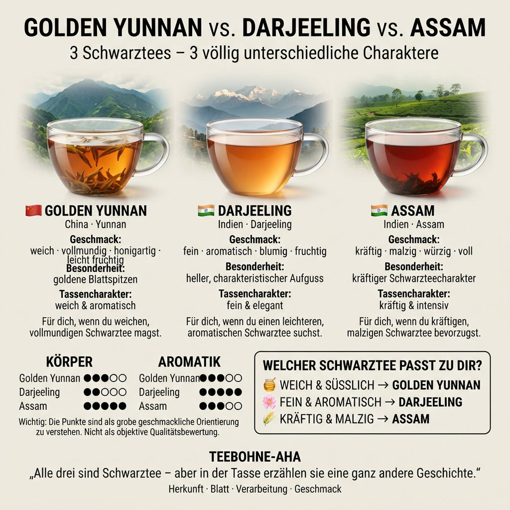 Vergleichs- und Entscheidungshilfe-Infografik von TeeBohne: "GOLDEN YUNNAN vs. DARJEELING vs. ASSAM". Die Grafik stellt drei transparente Teetassen mit ihren jeweiligen Schwarztee-Sorten, individuellen Aufgussfarben und Herkunftshintergründen gegenüber. Ergänzt durch eine übersichtliche Skala zu Körper und Aromatik sowie eine Entscheidungshilfe dient sie als Orientierung für Teeliebhaber, um die Unterschiede zwischen den Sorten zu verstehen.