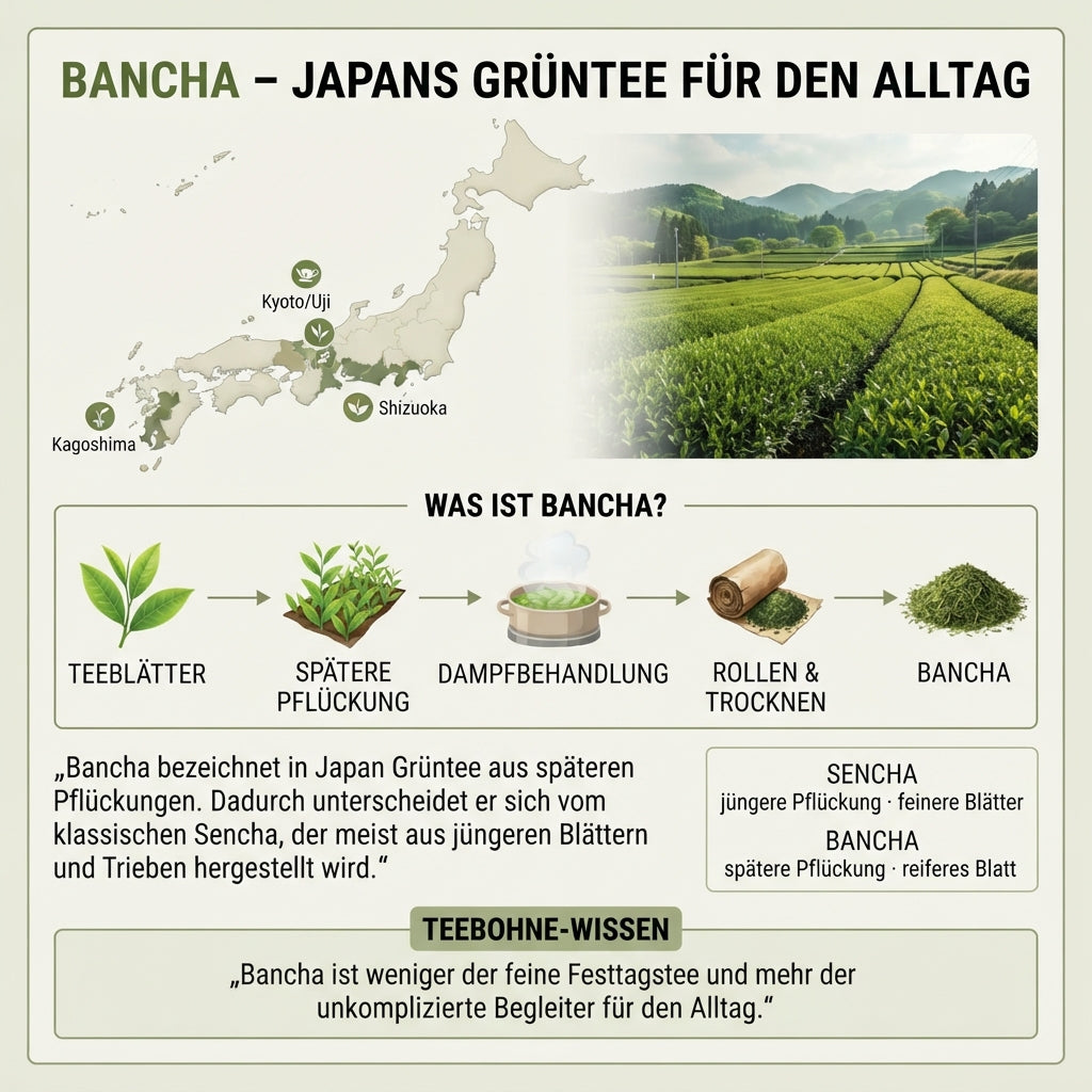 Wissensinfografik von TeeBohne zu Bancha: Die Grafik zeigt eine Karte Japans mit den Teeregionen Shizuoka, Kagoshima und Kyoto/Uji sowie eine Teeplantage. Ein Ablaufdiagramm verdeutlicht die Verarbeitung von späteren Pflückungen durch Dämpfen, Rollen und Trocknen. Eine Gegenüberstellung erläutert den Unterschied zwischen Bancha (reiferes Blatt) und Sencha (jüngere Pflückung), ergänzt durch einen Hinweistext zur Rolle von Bancha als unkomplizierter Begleiter für den Alltag.