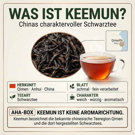 Infografik von TeeBohne: "WAS IST KEEMUN? Chinas charaktervoller Schwarztee". Die Grafik zeigt eine detaillierte Makroaufnahme von dunklen, schmalen Keemun-Teeblättern neben einer Tasse kupferfarbenem Schwarztee. Eine Informationsbox listet Herkunft (Qimen, Anhui, China), Teeart, Blattform und Charakter auf. Eine hervorgehobene "AHA-BOX" stellt klar, dass Keemun eine Teeregion und keine Aromarichtung ist. Das Design ist hochwertig in Creme-, Grün- und KupferTönen gehalten