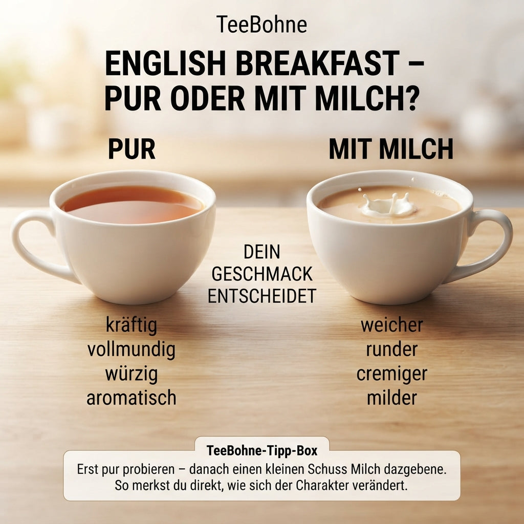 Wissensinfografik von TeeBohne: Ein Vergleich von English Breakfast Tea pur gegenüber der Variante mit einem Schuss Milch. Die Infografik zeigt zwei Tassen auf einer Holzoberfläche und beschreibt die geschmacklichen Unterschiede – kräftig, vollmundig und würzig für die reine Variante; weich, rund, cremig und mild bei Zugabe von Milch. Ein Tipp empfiehlt das individuelle Ausprobieren, um den persönlichen Geschmack zu finden.
