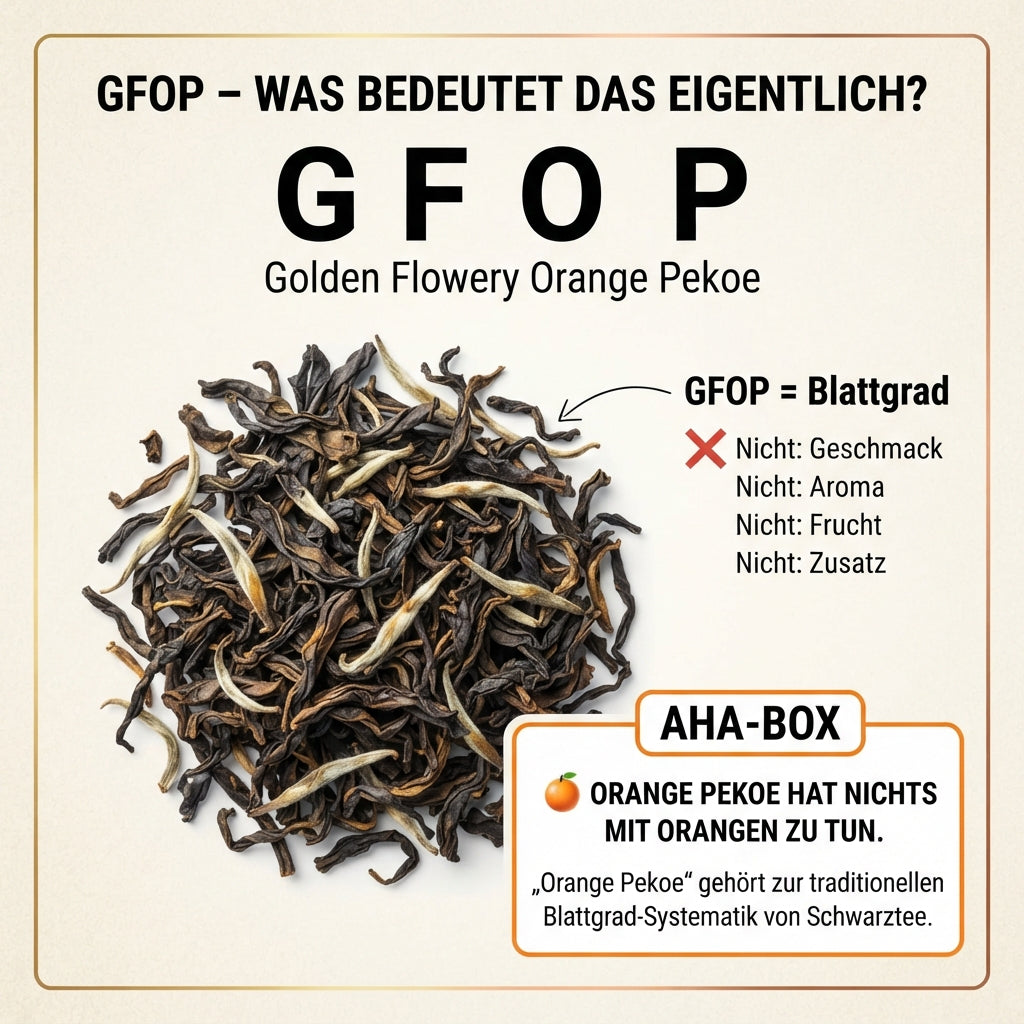 Wissensinfografik von TeeBohne: "GFOP – WAS BEDEUTET DAS EIGENTLICH?". Die Grafik erklärt "Golden Flowery Orange Pekoe" als reinen Blattgrad und nicht als Geschmacks- oder Aromabezeichnung. Eine hochwertige Makroaufnahme zeigt schwarze Teeblätter mit hellen Blattspitzen. Eine auffällige "AHA-BOX" stellt klar, dass "Orange Pekoe" nichts mit Orangen oder Fruchtaromen zu tun hat, sondern zur traditionellen Klassifikation von Schwarztee gehört. Das Design ist in hochwertigem Creme mit klaren Akzenten gehalten.