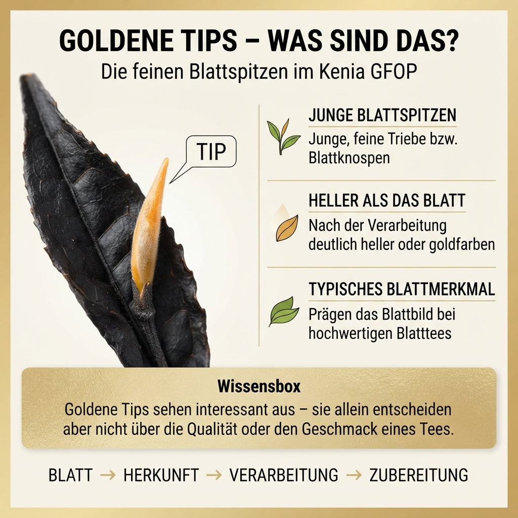 `Wissensinfografik von TeeBohne zu den goldenen Blattspitzen (Tips) im Kenia GFOP Tee: Die Grafik zeigt links eine hochauflösende Makroaufnahme eines schwarzen Teeblatts mit einer hervorgehobenen goldenen Blattspitze. Rechts werden die Bedeutung dieser jungen Triebe, ihre hellere Farbe nach der Verarbeitung und ihre Rolle als Merkmal hochwertiger Blatttees erläutert. Ein Ablaufdiagramm verdeutlicht das Zusammenspiel von Blatt, Herkunft, Verarbeitung und Zubereitung für den Geschmack.