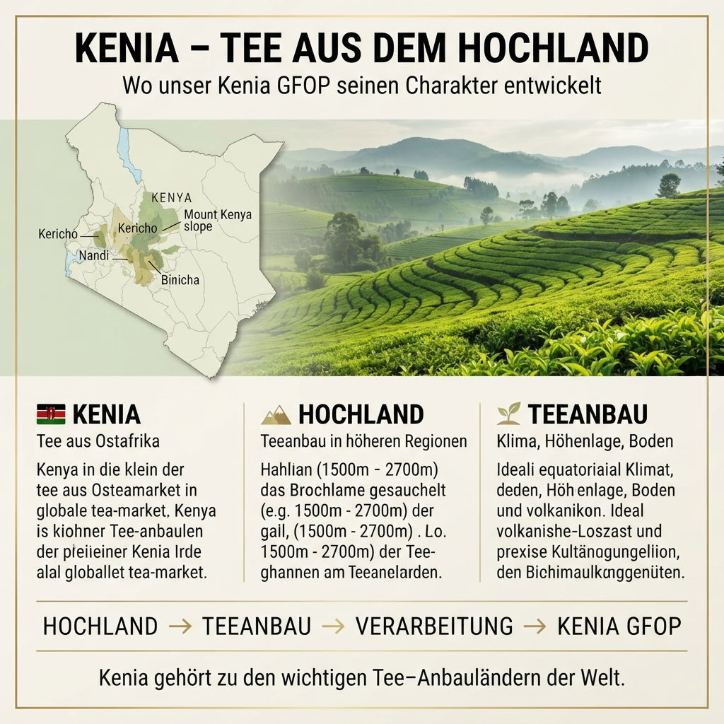 `Wissensinfografik von TeeBohne über Tee aus Kenia: Die Grafik zeigt eine stilisierte Karte der Teeanbaugebiete im kenianischen Hochland und eine hochwertige Landschaftsaufnahme mit sattgrünen Teepflanzen. Drei Infobereiche erläutern die Bedeutung Kenias als Anbauland, die Rolle der Höhenlage und den Einfluss von Klima und Boden auf die Teepflanze. Ein Ablaufdiagramm veranschaulicht den Weg vom Hochland zum Kenia GFOP Tee.