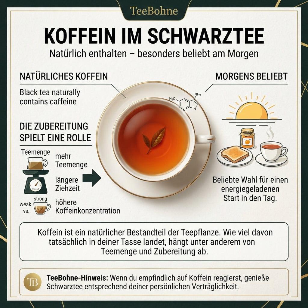 `Wissensinfografik von TeeBohne zum Thema Koffein in Schwarztee: Die Grafik zeigt eine elegante Tasse English Breakfast Tea BOP und erläutert sachlich, dass Koffein ein natürlicher Bestandteil der Teepflanze ist. Es wird erklärt, dass die Teemenge und die Ziehzeit die Extraktion beeinflussen, und darauf hingewiesen, den Konsum bei Empfindlichkeit der persönlichen Verträglichkeit anzupassen. Die Gestaltung ist seriös, in Naturtönen gehalten und verzichtet auf gesundheitsbezogene Versprechen oder Energy-Drink