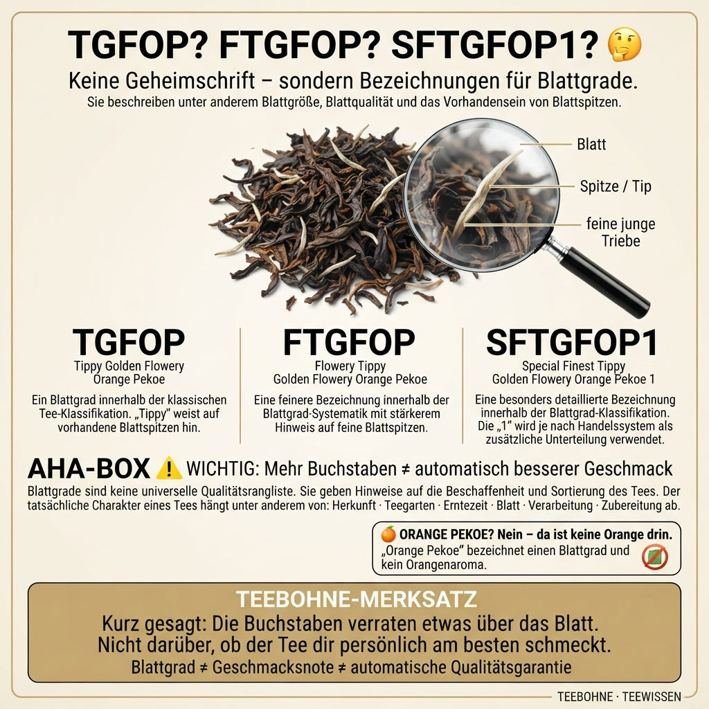 Wissensinfografik von TeeBohne: "TGFOP, FTGFOP & SFTGFOP1 – einfach erklärt". Die Grafik schlüsselt die verschiedenen Blattgrade von Schwarztee verständlich auf und zeigt hochwertige Teeblätter im Detail. Eine wichtige "⚠️ WICHTIG"-Box stellt klar, dass mehr Buchstaben nicht automatisch einen besseren Geschmack bedeuten, während eine Infobox zu "Orange Pekoe" den gängigen Irrtum aufklärt, dass es sich dabei um Orangenaroma handelt. Das edle Design in Creme, Naturgrün und Gold bietet Teeliebhabern eine kompa