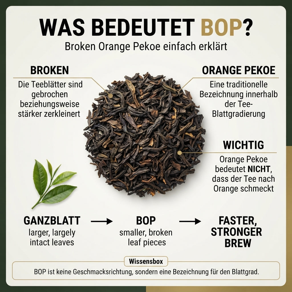 Wissensinfografik von TeeBohne zur Erklärung des Teeblattgrads "BOP" (Broken Orange Pekoe): Die Grafik zeigt eine Makroaufnahme von trockenem, gebrochenem Schwarztee und erklärt die Begriffe "Broken" und "Orange Pekoe" (ohne Bezug zu Orangenaroma). Eine Vergleichsdarstellung illustriert den Übergang von Ganzblatt zu BOP und verdeutlicht, dass dies zu einem schnelleren und kräftigeren Aufguss führt, betont durch den Hinweis, dass BOP eine Blattgradbezeichnung und keine Geschmacksrichtung ist.