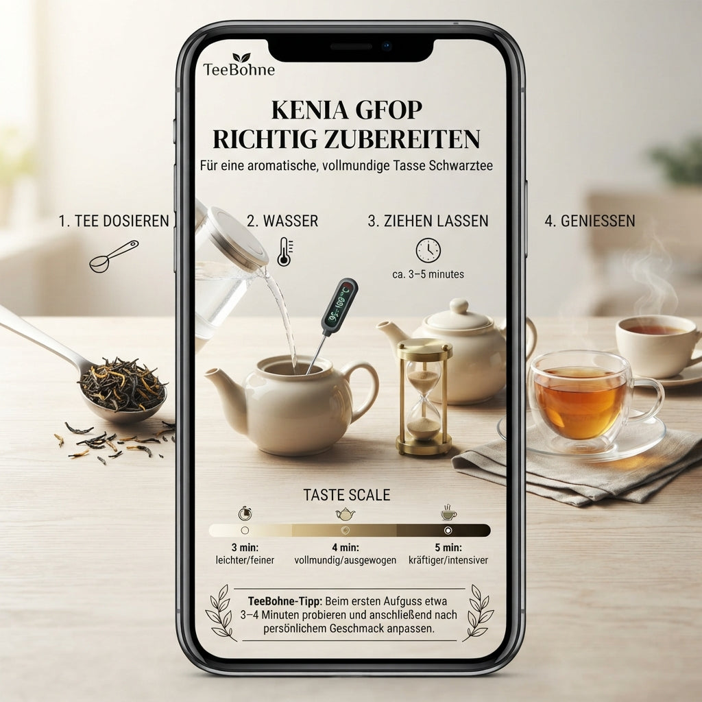 `Zubereitungsinfografik von TeeBohne für Kenia GFOP Schwarztee. Die Grafik zeigt in vier klaren Schritten die Dosierung, die Wassertemperatur (95–100 °C), die Ziehzeit (3–5 Minuten) und den Genuss des Tees. Eine ergänzende Geschmacksskala veranschaulicht, wie sich der Geschmack je nach Ziehzeit von leicht über ausgewogen bis kräftig entwickelt, inklusive eines persönlichen Tipps zur individuellen Anpassung.