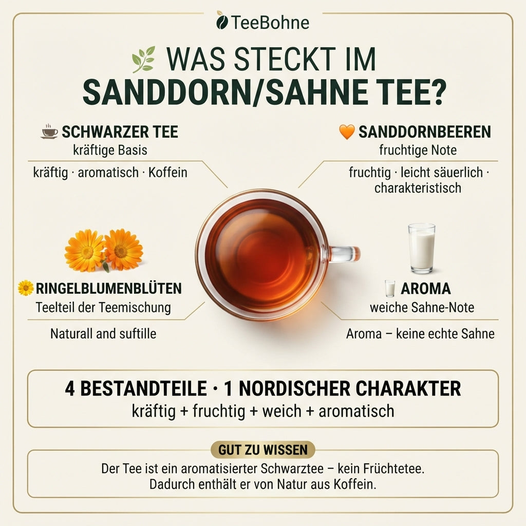 TeeBohne-Infografik: "Was steckt im Sanddorn/Sahne Tee?". Die grafische Übersicht zeigt im edlen Editorial-Design vier Hauptbestandteile (Schwarzer Tee, Sanddornbeeren, Ringelblumenblüten und das Aroma für die Sahne-Note) rund um eine Tasse Tee. Ergänzt wird sie durch eine Zusammenfassung der Eigenschaften und eine "Gut zu wissen"-Box, die den Unterschied zu Früchtetee und echten Milchprodukten erklärt.