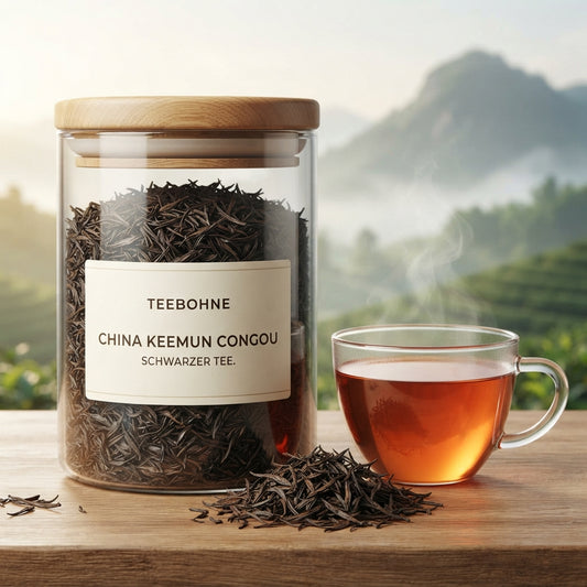 Professionelles E-Commerce-Produktfoto von TeeBohne: Eine transparente Glasteedose mit Holzdeckel und einem Etikett mit der Aufschrift "TEEBOHNE CHINA KEEMUN CONGOU SCHWARZER TEE", gefüllt mit feinen, dunklen Teeblättern. Neben der Dose liegt loser Keemun-Tee auf einer Holzoberfläche. Rechts daneben steht eine transparente Teetasse mit einem warmen, rotbraunen Aufguss und leichtem Dampf. Im Hintergrund zeigt sich dezent eine neblige Berglandschaft im sanften Morgenlicht.