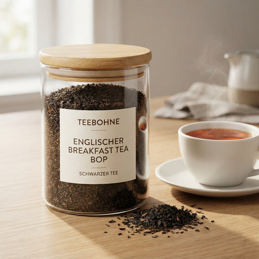 `Hochwertiges Produktfoto von TeeBohne: Eine transparente Glasteedose mit einem natürlichen Holzdeckel, gefüllt mit losem englischen Breakfast Tea (BOP-Qualität), steht auf einer hellen Holzfläche. Das cremefarbene Etikett ist klar beschriftet. Neben der Dose liegt eine kleine Menge losen Tees, daneben steht eine weiße Tasse mit frisch aufgegossenem, kupferfarbenem Schwarztee in einer dezenten Frühstücksatmosphäre.