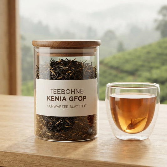 `Hochwertiges Produktfoto von TeeBohne: Eine gläserne Teedose mit Holzdeckel, gefüllt mit losem Kenia GFOP Schwarztee mit sichtbaren Blattspitzen, steht auf einer hölzernen Oberfläche. Auf dem Glas befindet sich das Etikett 'TEEBOHNE Kenia GFOP Schwarzer Blatttee'. Daneben ein transparentes Teeglas mit goldbraunem Aufguss. Im Hintergrund ist sehr dezent die hügelige Landschaft des kenianischen Hochlands erkennbar.
