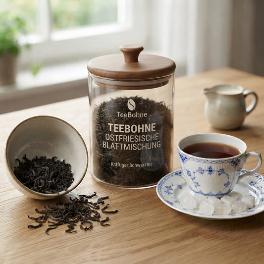 Hochwertiges Produktfoto von TeeBohne: Eine gläserne Teedose mit Holzdeckel, gefüllt mit loser Ostfriesischer Blattmischung, steht auf einer hölzernen Oberfläche. Daneben befinden sich eine kleine Schale mit trockenem Schwarztee, eine klassische Teetasse mit dunklem Aufguss und Kluntje-Kandis auf einem Unterteller, abgerundet durch ein kleines Kännchen mit Sahne im Hintergrund. Die Atmosphäre ist norddeutsch und gemütlich.