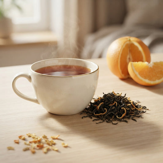 Produktfoto von TeeBohne: Eine elegante Keramiktasse mit kupferbraunem Schwarztee-Aufguss, begleitet von losem Schwarztee und feinen getrockneten Orangenschalen.