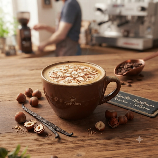 Cremiger Cappuccino auf Basis von TeeBohne Espresso Vanille-Haselnuss mit verziertem Milchschaum, Vanilleschoten und Nüssen